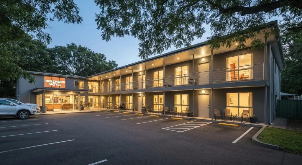 Inglewood Motel exterior showcasing modern architecture and inviting atmosphere