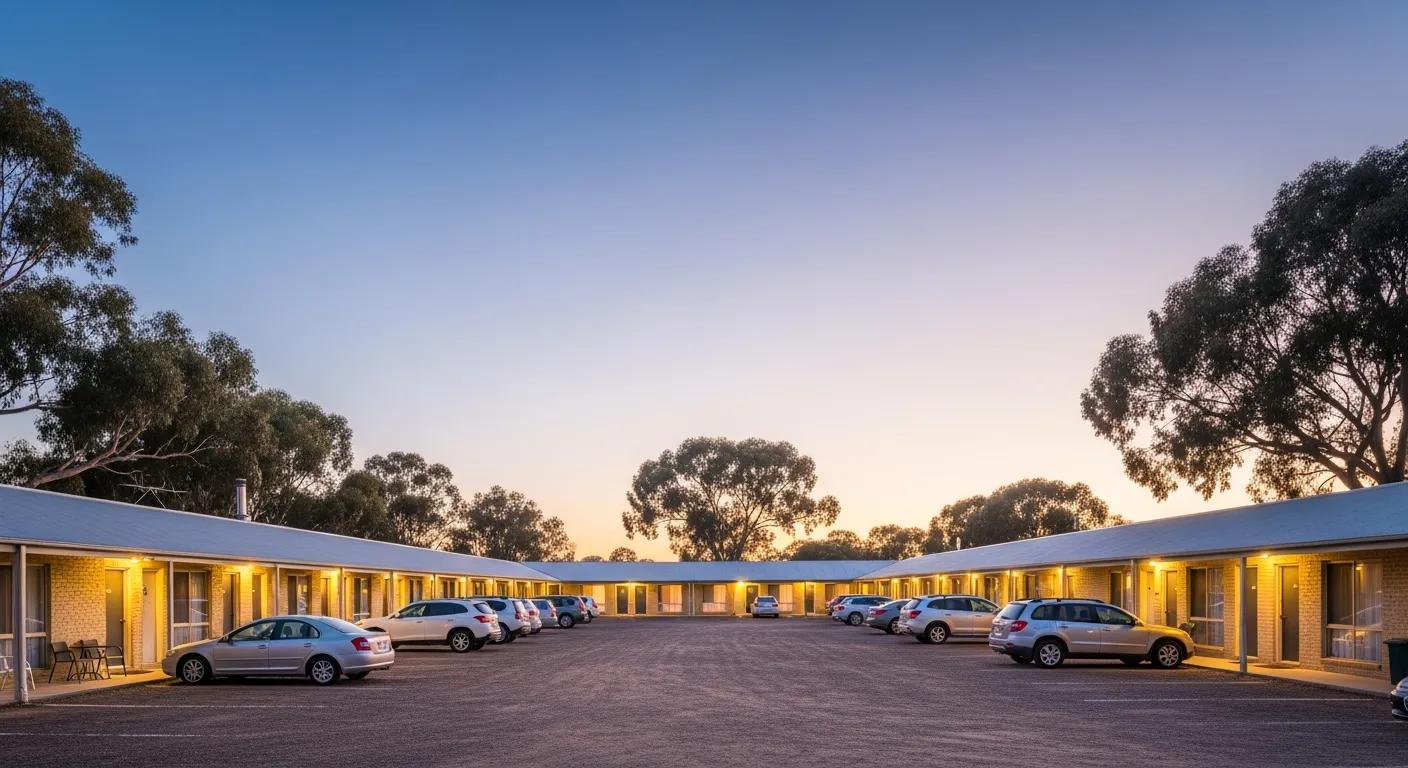 A dramatic wide-screen image of a tidy, modern country motel in Inglewood, Victoria. Even rows of well-kept motel rooms sit beneath a soft dusk sky, warm lights glowing through windows. Vehicles parked neatly outside each unit highlight easy access and convenience. Natural surroundings with gum trees and open rural horizon create a peaceful, welcoming atmosphere. No text.