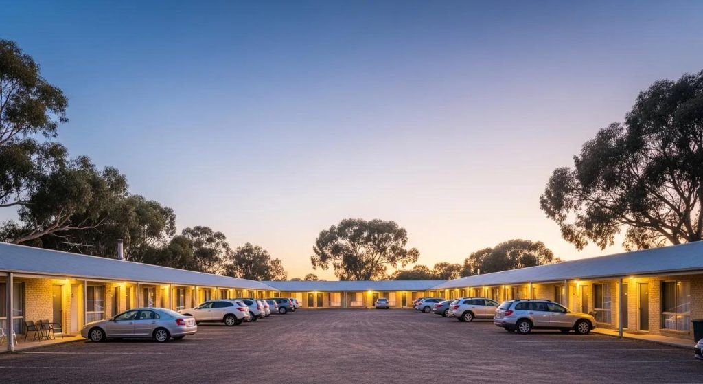 A dramatic wide-screen image of a tidy, modern country motel in Inglewood, Victoria. Even rows of well-kept motel rooms sit beneath a soft dusk sky, warm lights glowing through windows. Vehicles parked neatly outside each unit highlight easy access and convenience. Natural surroundings with gum trees and open rural horizon create a peaceful, welcoming atmosphere. No text.
