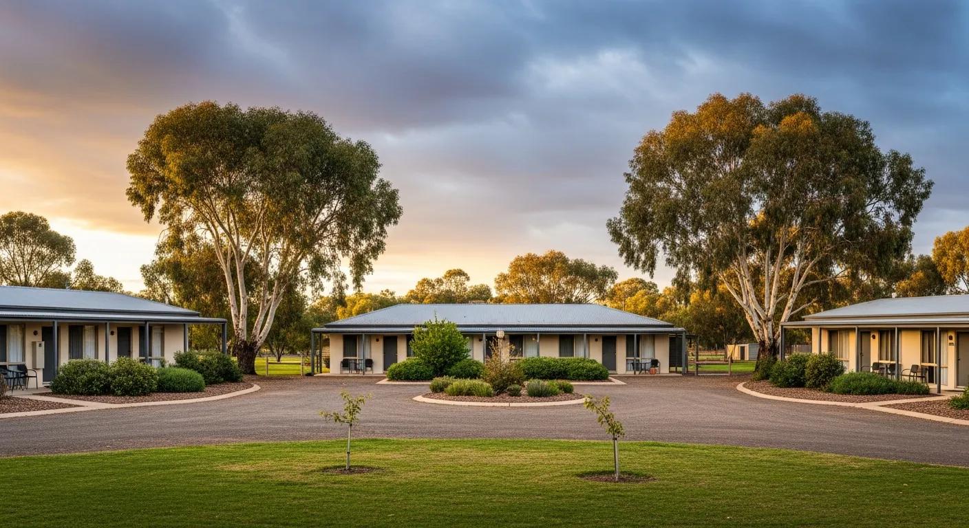 A cinematic wide-screen shot of multiple accommodation options in a peaceful Inglewood, Victoria setting. A clean, well-presented country motel and surrounding landscaped grounds sit under a dramatic late-afternoon sky. Native gum trees sway softly, and warm natural light highlights the simplicity and charm of regional Victorian stays. Emphasis on comfort, variety and tranquillity. No text.