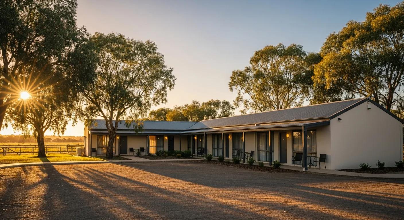 A dramatic wide-screen view of a welcoming country motel at golden hour in Inglewood, Victoria. Warm sunlight washes over a clean, modern motel exterior surrounded by native gum trees and open landscape. Soft shadows, peaceful rural atmosphere, crisp details and natural colours. Inviting lighting from the rooms creates a sense of comfort and high-quality accommodation. No text.