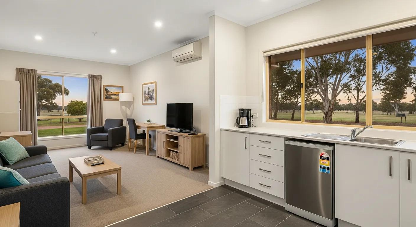 A dramatic wide-screen interior and exterior blend showcasing modern serviced accommodation in Inglewood, Victoria. A spacious, well-lit serviced suite with soft natural light, clean contemporary furnishings and a kitchenette transitions into an exterior view of a peaceful country setting. Warm evening tones, native trees and open rural landscape highlight comfort, independence and homelike convenience. No text.